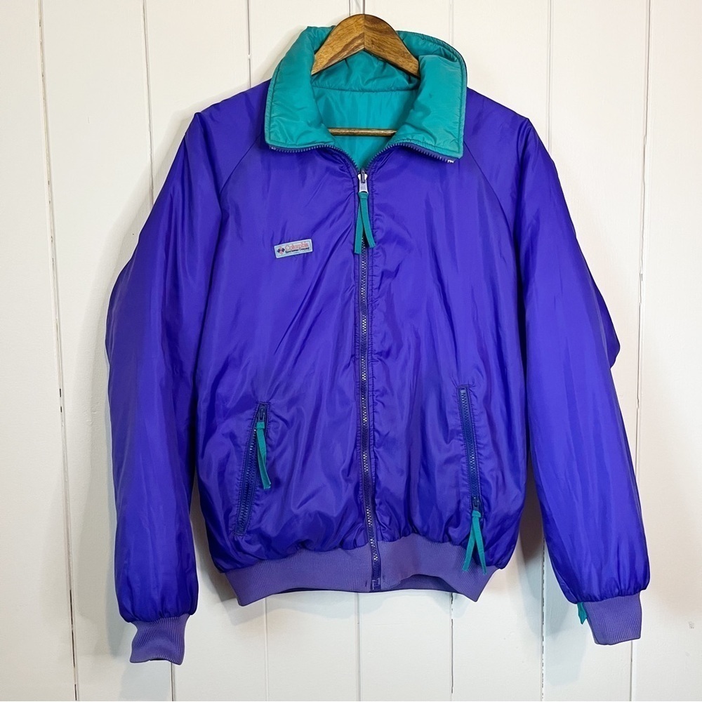 Vintage 80s/90s Columbia Radial Sleeve Purple and Green Reversible Jacket.